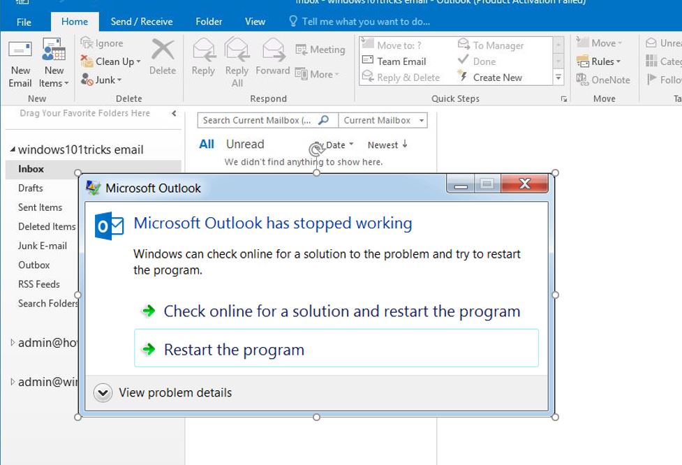 outlook 2016 stopped working windows 10